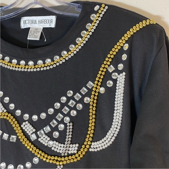 VICTORIA HARBOUR Pearl Crystal Bead Embroidered Short Sleeve Tee. Medium. NWT. - Picture 6 of 8